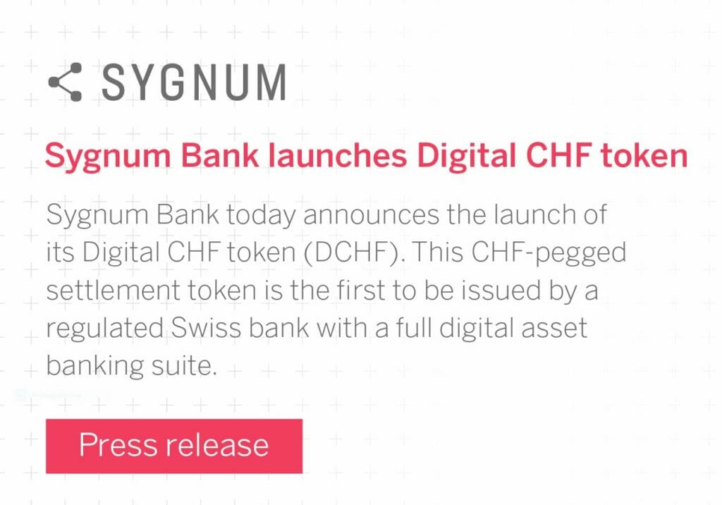Sygnum Bank launches digital CHF token